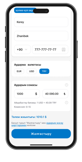 Валютаны таңдаңыз және аударым сомасын енгізіңіз