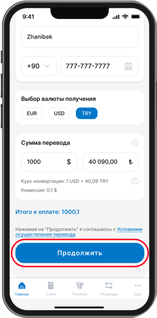 Укажите валюту и введите сумму перевода